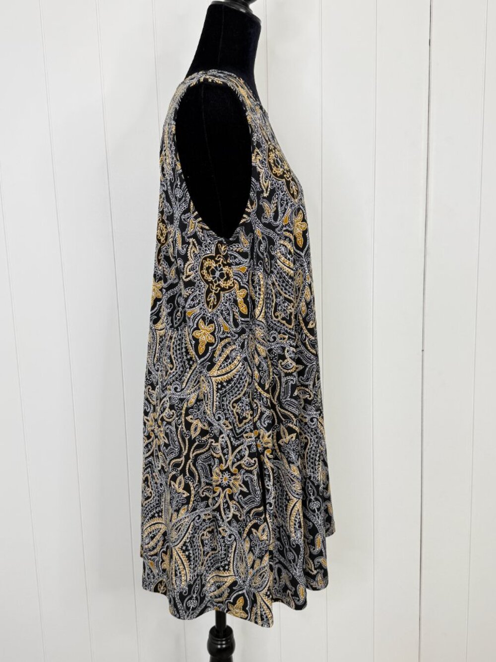 Tahari Paisley Sleeveless Dress Womens LG Black Gold Stretch Pocket Tank Dress - Picture 5 of 7